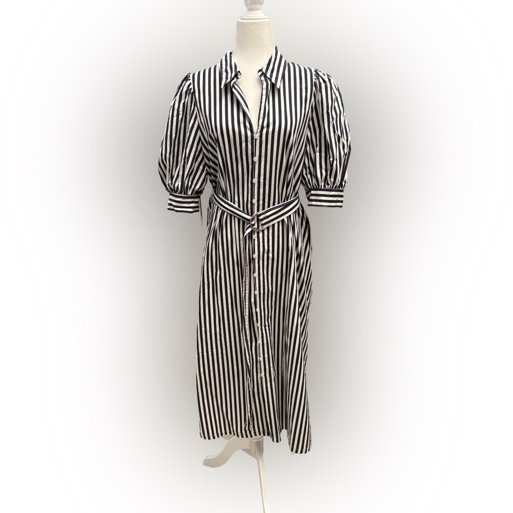 H&M Navy Blue and White Striped Midi Dress